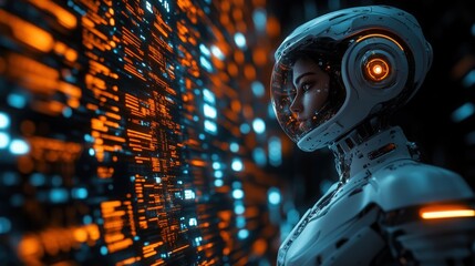 Futuristic astronaut observing data network flow