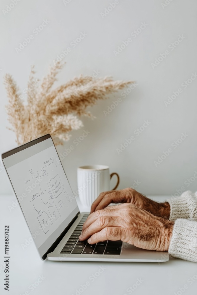 Poster minimalist workspace productivity elderly hands typing on laptop with interactive digital notebook -