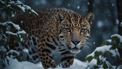 Naklejka premium A jaguar prowling through a snowy landscape, showcasing its striking coat and fierce gaze.