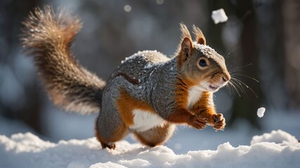 Obraz premium A squirrel dashes through the snow, displaying its agility and vibrant fur.