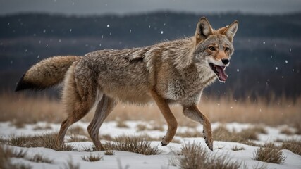 Obraz premium A coyote walks through a snowy landscape, showcasing its natural habitat and beauty.