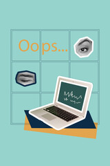 Poster image vertical photo collage of human eyes stare oops problem broke laptop device screen...