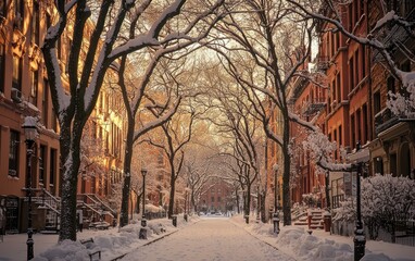 Snow-covered street with trees, soft morning light and winter atmosphere