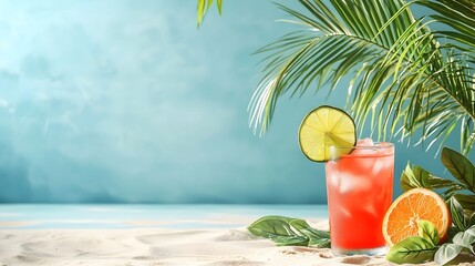 Pastel colored tropical drink on sandy beach with palm trees swaying in the breeze and a serene sunset sky in the background creating a tranquil and picturesque vacation scene