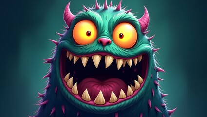 A quirky and fun UK style cartoon monster with bright eyes and teeth, portraying playful fright, great for Halloween themed designs, invitations and social media