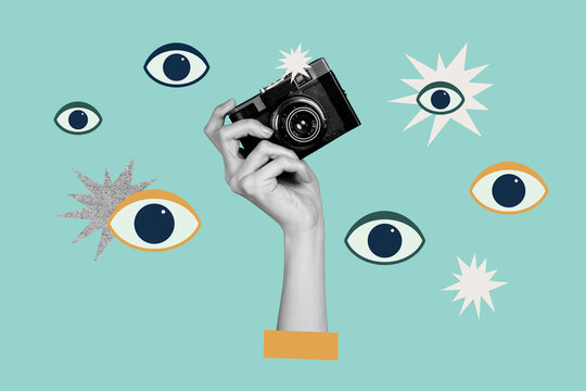Creative photo poster trend art collage image of hand hold retro camera flash shooting eyeball stare photo-zone capture