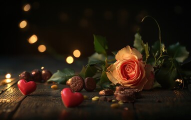 Valentines Day flowers and chocolates on a wooden surface with soft lighting