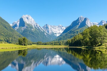 Fototapeta premium Crystal clear alpine lake with towering mountain reflections and lush forest surroundings capturing the serene beauty of remote wilderness and pristine outdoor scenery