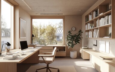 Fototapeta premium Scandinavian style home office with minimal decor and light wood elements