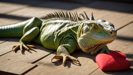 Naklejka premium A green iguana rests on wooden planks, holding a red heart-shaped object.