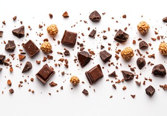Assorted Chocolate Varieties with Cocoa Pieces and Crunchy Spheres Arranged on a White Background Perfect for Dessert or Confectionery Promotions
