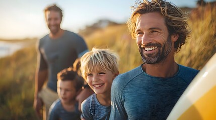 Delighted family members working together to carry a surfboard on a picturesque beach enjoying the beautiful outdoor environment and bonding during a recreational activity