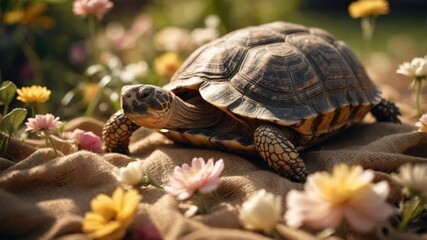 Fototapeta premium A tortoise resting among colorful flowers on a soft fabric background.