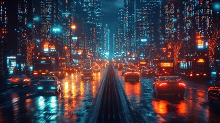 Futuristic iot transport hub featuring self-driving vehicles in a neon cityscape at night capturing modern urban life and technological integration