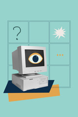 Obraz premium Image vertical art banner collage of old-fashioned computer device eyeball virus cyberattack hacking antivirus app protection