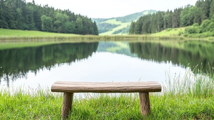 Obraz premium Tranquil lakeside scene with a wooden bench and lush surroundings.