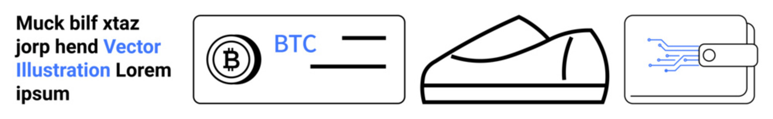 Bitcoin logo, BTC text on card, minimalist sneaker outline, digital wallet icon with circuitry. Ideal for cryptocurrency, financial technology, e-commerce, fashion technology, digital payments