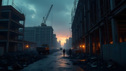 Urban construction twilight - represents progress and challenges - Suitable for real estate, urban planning, and documentaries, web articles