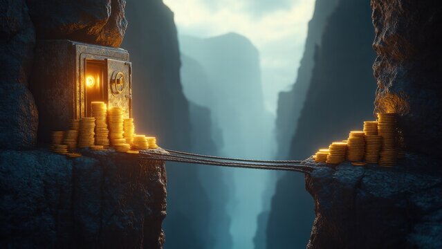 Risky path over a canyon with coins and a glowing safe at opposite ends, illustrating the daring path of risk for ultimate reward