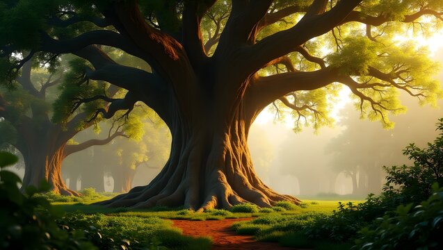 A majestic Sal tree in a misty forest embodies tranquility and nature's strength - perfect for nature blogs, environmental campaigns, or fantasy book covers