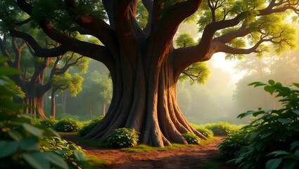 A majestic Sal tree basks in golden morning light symbolizing strength and nature's beauty, suitable for environmental, spiritual or inspirational media.