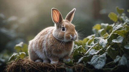 Fototapeta premium A serene rabbit resting on a nest surrounded by lush green foliage.