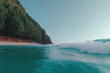Ocean wave crashing on the shore near a lush green forest