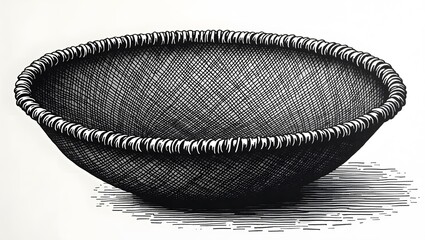 Detailed ink line drawing of a woven basket symbolizing containment and simplicity, ideal for minimalist design projects or artisan product promotion.