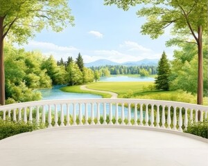 Fototapeta premium Idyllic countryside scene featuring a white curved fence bordering lush green trees and meadows under a clear blue sky symbolizing rural charm and pastoral peace
