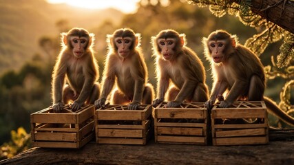 Naklejka premium Four monkeys sitting on wooden crates during sunset in a natural setting.