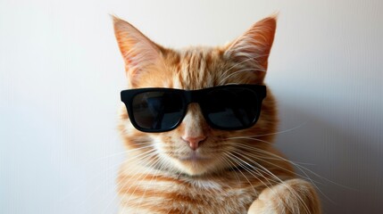 Adorable Close - up: Cat in Shades Set Against a Light Cyan Background