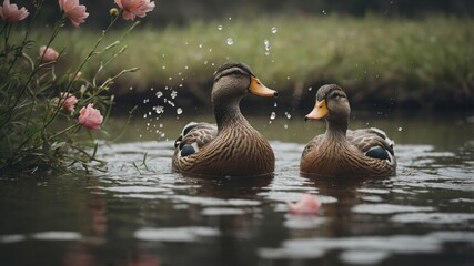 Two ducks swimming in a serene pond surrounded by flowers, creating a tranquil scene.