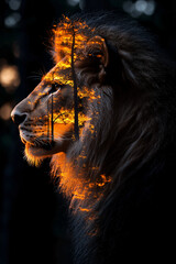 Naklejka premium Lion's Fiery Gaze: A majestic lion's profile is overlaid with a vibrant sunset, creating a captivating double exposure that evokes power and resilience.