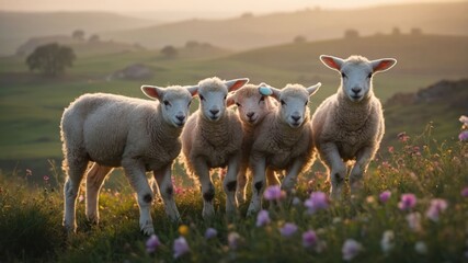 Obraz premium A group of four playful lambs in a sunlit meadow filled with wildflowers.