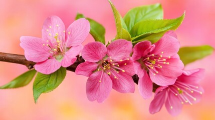 Obraz premium Vibrant pink cherry blossoms on delicate branches with fresh green leaves against a soft blurred background embodying the essence of spring renewal and nature’s fleeting beauty