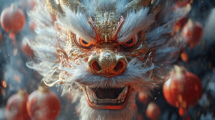 Close-up of a majestic golden dragon's head with red lanterns.