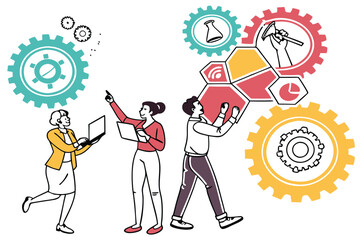 Colorful cartoon people, diverse poses and gestures, flat design characters, business and casual attire, vector illustration style, vibrant colors, minimalist figures, various professions and activiti