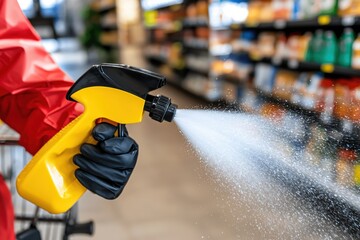 Supermarket Sanitization Worker Spraying Disinfectant