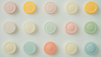 Pastel Candy Buttons: A delightful arrangement of pastel-colored candy buttons in a neat grid pattern. Each button displays a unique and charming design.