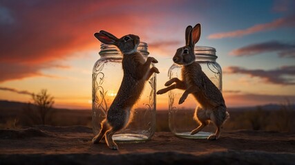 Obraz premium Two rabbits playfully standing inside glass jars against a colorful sunset backdrop.