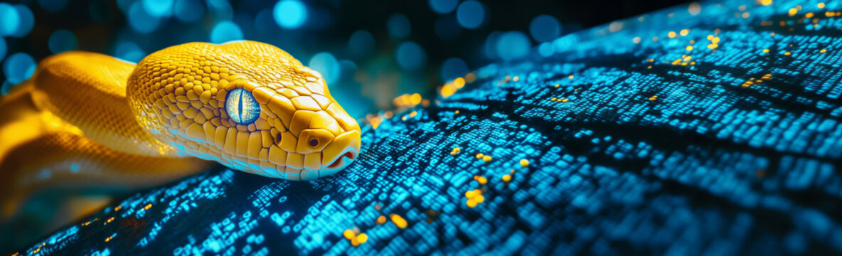 Yellow python snake slithering over glowing dark blue digital code. Banner with copy space. Concept of cyber threats, data breaches and programming language