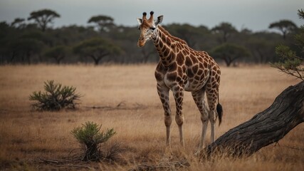 Obraz premium A solitary giraffe stands gracefully in a savanna landscape, showcasing its unique beauty.