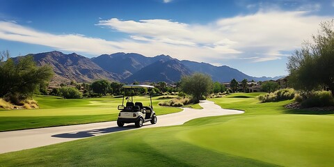 Fototapeta premium A Golf cart A day at a resort golf course, nice weather, beautiful course layout. Golf cart in front in empty space