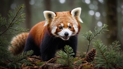 Fototapeta premium A red panda in a forest setting, surrounded by pine branches and a natural environment.