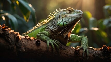 Fototapeta premium A close-up of a green iguana resting on a branch in a lush, sunlit environment.