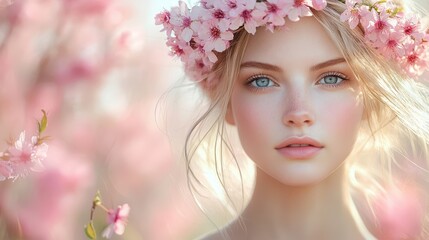 Fototapeta premium A graceful woman captures the essence of spring as she stands amidst blooming cherry blossoms, adorned with a delicate crown of flowers in her hair