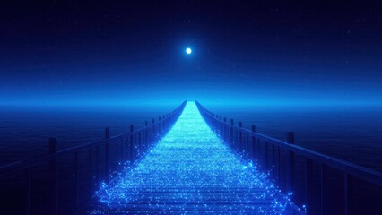 Radiant blue light bridge spans a tranquil ocean under a glowing blue moon, symbolizing new pathways and boundless opportunities