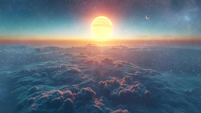 Vibrant sunset above the clouds with a glowing celestial atmosphere, seamless looping 4K time-lapse animation video background
