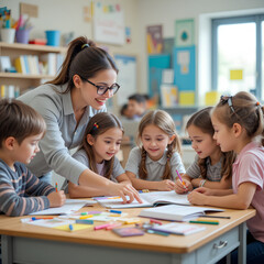 Fototapeta premium Curious children learning with teacher in a bright classroom, exploring workbooks and engaging with colorful stationery