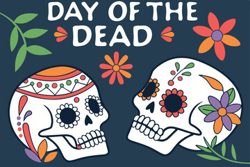 Fototapeta premium Colorful Day of the Dead sugar skulls, vibrant floral patterns, Mexican folk art style, intricate designs, ornate decorations, bright flowers, dark background, symmetrical compositions, death, festive